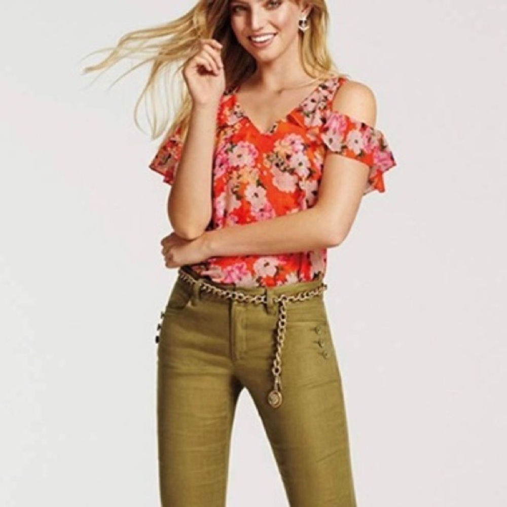 CaBI Cold Shoulder Coral Flutter Sleeve blouse